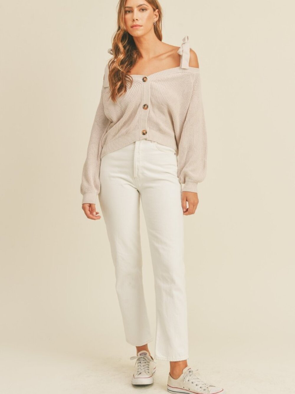 MABLE Off Shoulder Self Tie Strap Button Down Sweater